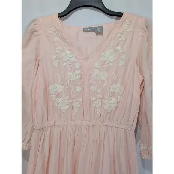 Lucky Brand Embroidered Cotton Tiered Midi Dress Pink Small - Picture 2 of 8